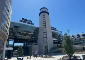 Gillette Stadium’s Lighthouse photographed from the ground.
